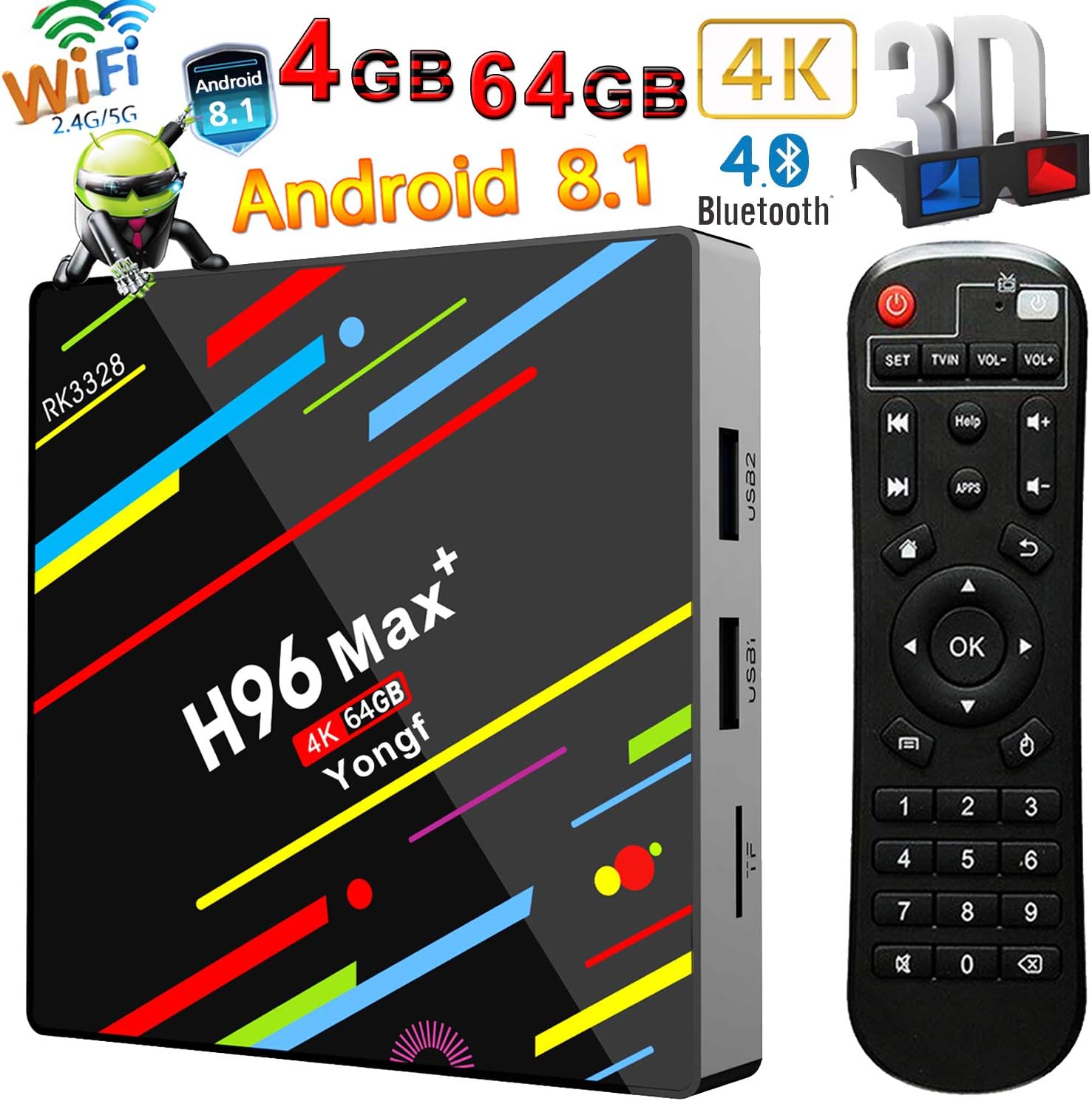 Android 8.1 TV Box, Yongf H96 MAX+ Quad Core 4GB+64GB Smart TV Box RK3328 H.265 Support BT4.1 USB3.0 WIFI 3D 4K Full HD Steaming Media Player