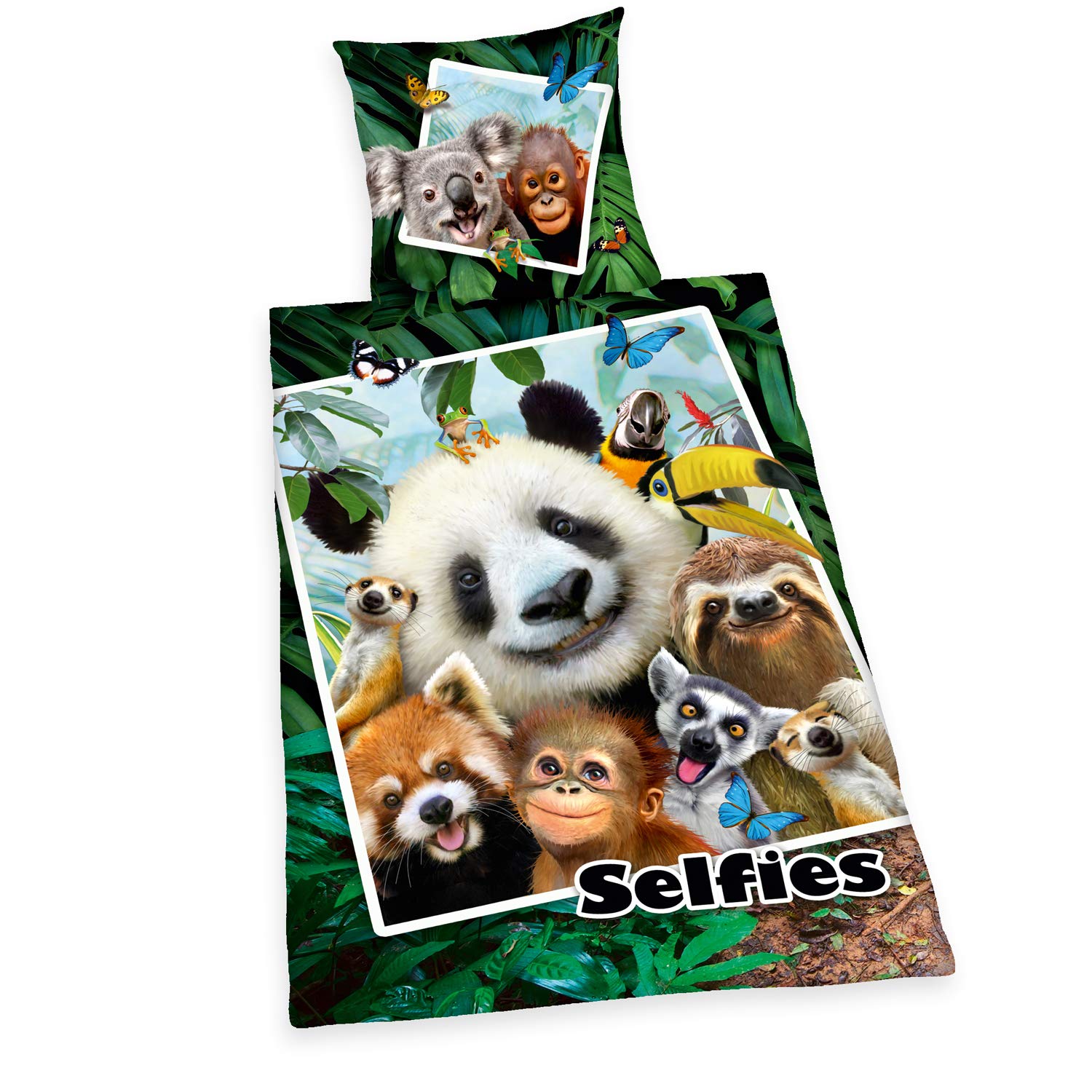 Herding Selfies Jungle bedding set, Reversible motif, Pillow case 80 x 80 cm, Duvet cover 135 x 200 cm, Cotton/Renforcé, Multicoloured