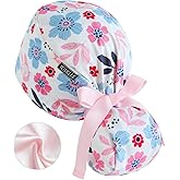 Scrub Caps Women Satin Lined Ponytail, Blush Blue Floral Adjustable Scrub Hats Women with Buttons and Sweatbands, Practical Ponytail Holder Design with Bow Ribbon Soft Smooth