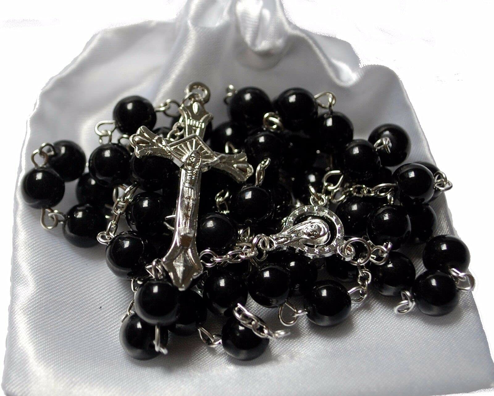 First Holy Communion Black Rosary Beads 1st Communion Confirmation Girls/Boys Gift Excellent Quality Five Decade Rosary & Silver Crucifix Pearl Effect Beads with Free White Satin Drawstring Pouch