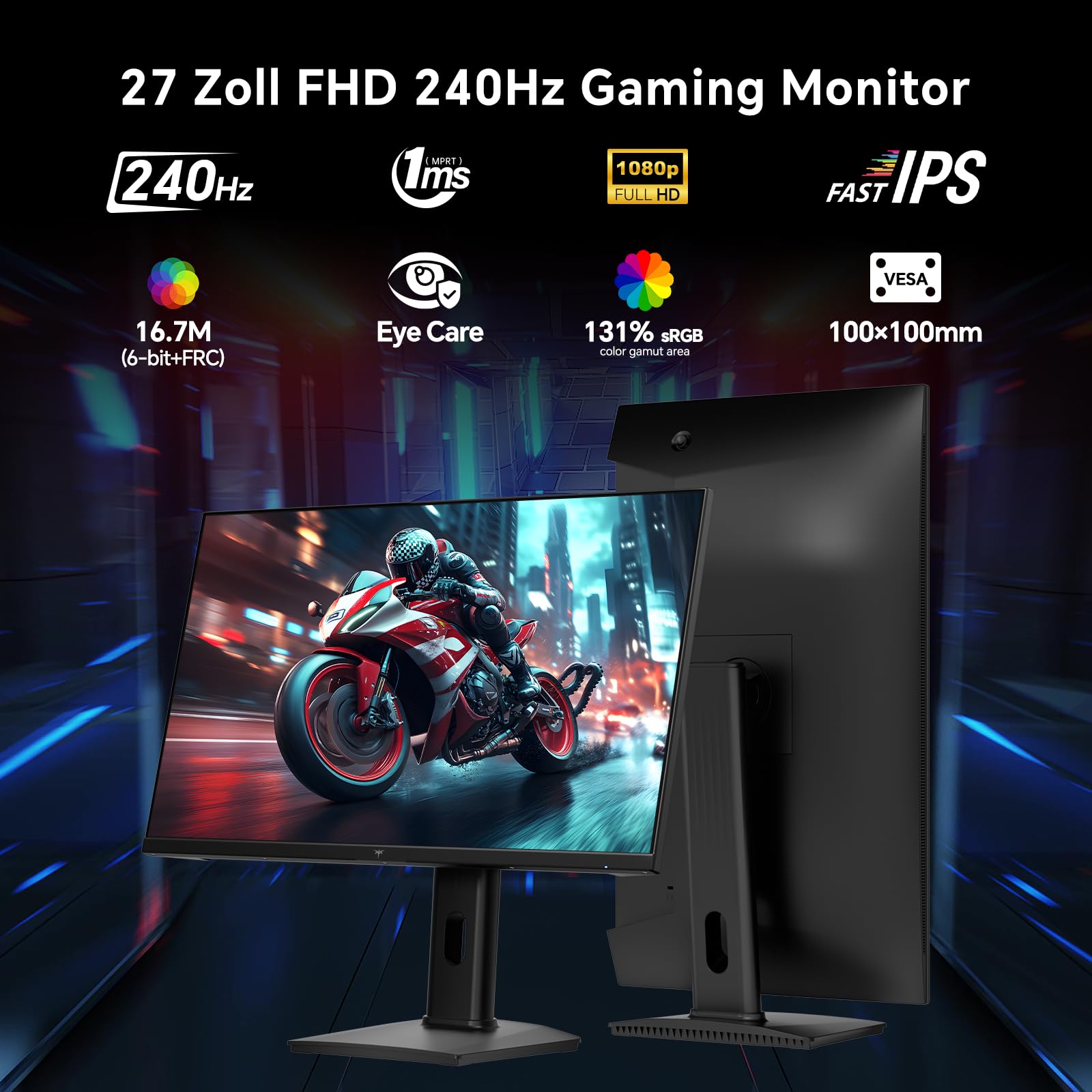 KTC Gaming Monitor 240Hz 27 Zoll | FHD@240Hz | Verstellbarer Ständer | Schnelles IPS Panel | 1ms Reaktionszeit (MPRT) | 350 cd/㎡ Helligkeit, HDR | Adaptive Sync | 97% DCI-P3, 99% sRGB, ΔE＜2 | H27F7 2