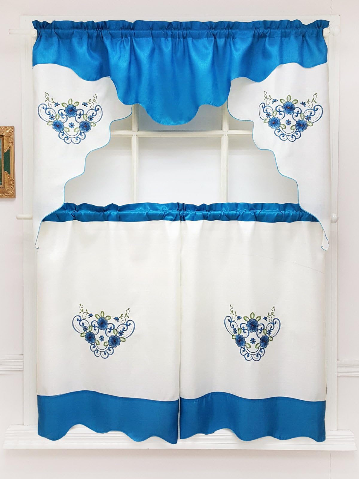 GOHD Golden Ocean Home Decor Daisy Dream. 3pcs Embroidery Double Valance Kitchen Curtain Set. Swag Valance and Tier Set. (Turquoise)