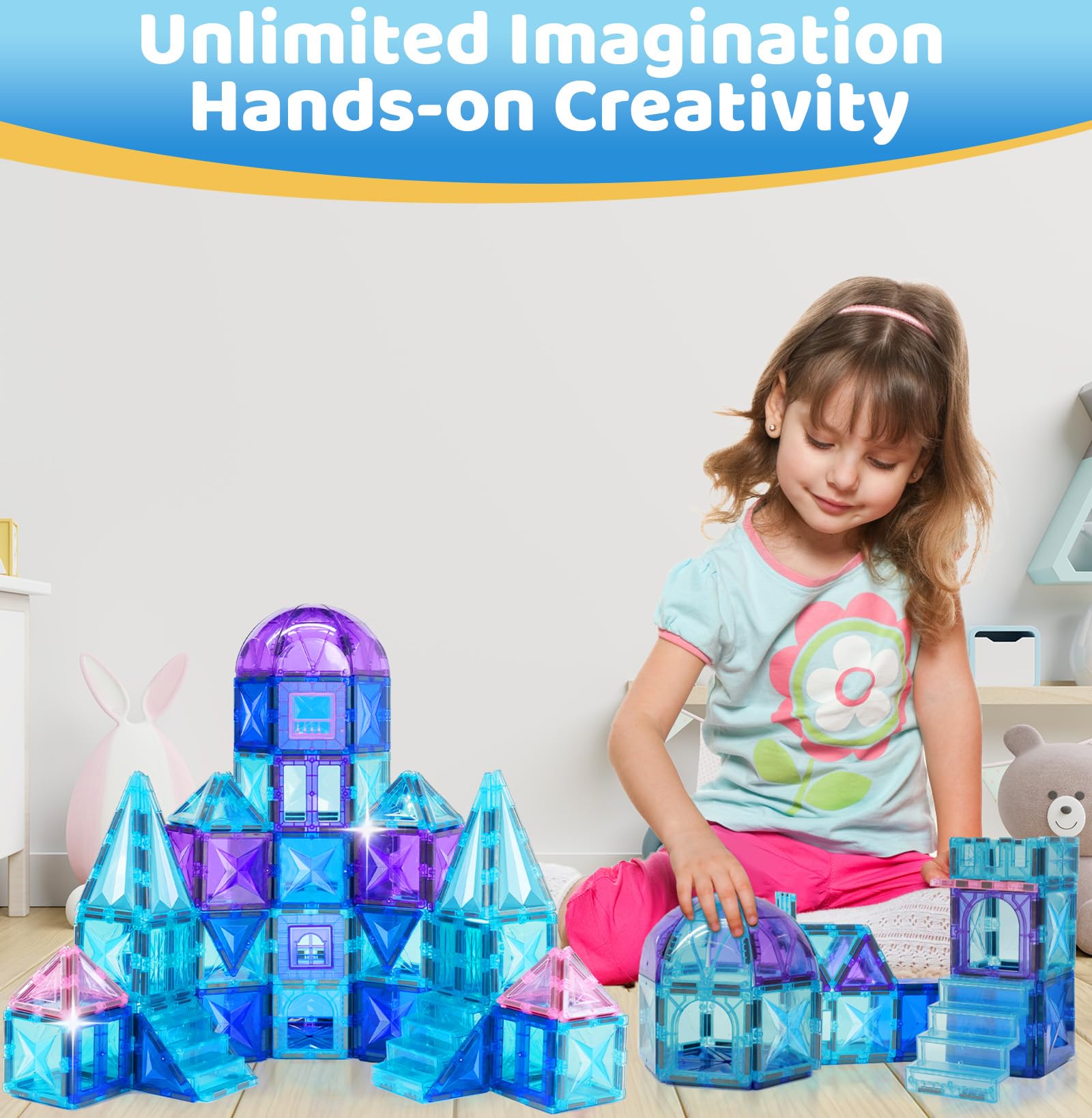 130PCS Magnetic Tiles, 3D Diamond Magnetic Blocks, Magnet Tiles for Kids Age 3-5 4-8 8-12, STEM Sensory Educational Magnet Toys for Kids Girls Boys Birthday Xmas Gifts