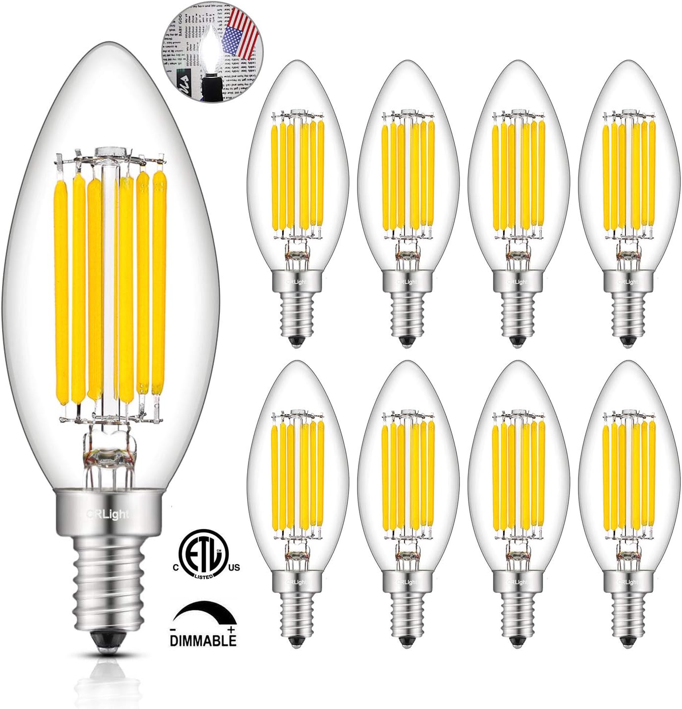 CRLight 6W Smooth Dimmable 5000K LED Candelabra Bulb Daylight White, 65W Equivalent 650LM, E12 Base LED Filament Light Bulbs, Vintage B11 Candle Clear Glass Chandelier Bulbs, New Version, 8 Pack