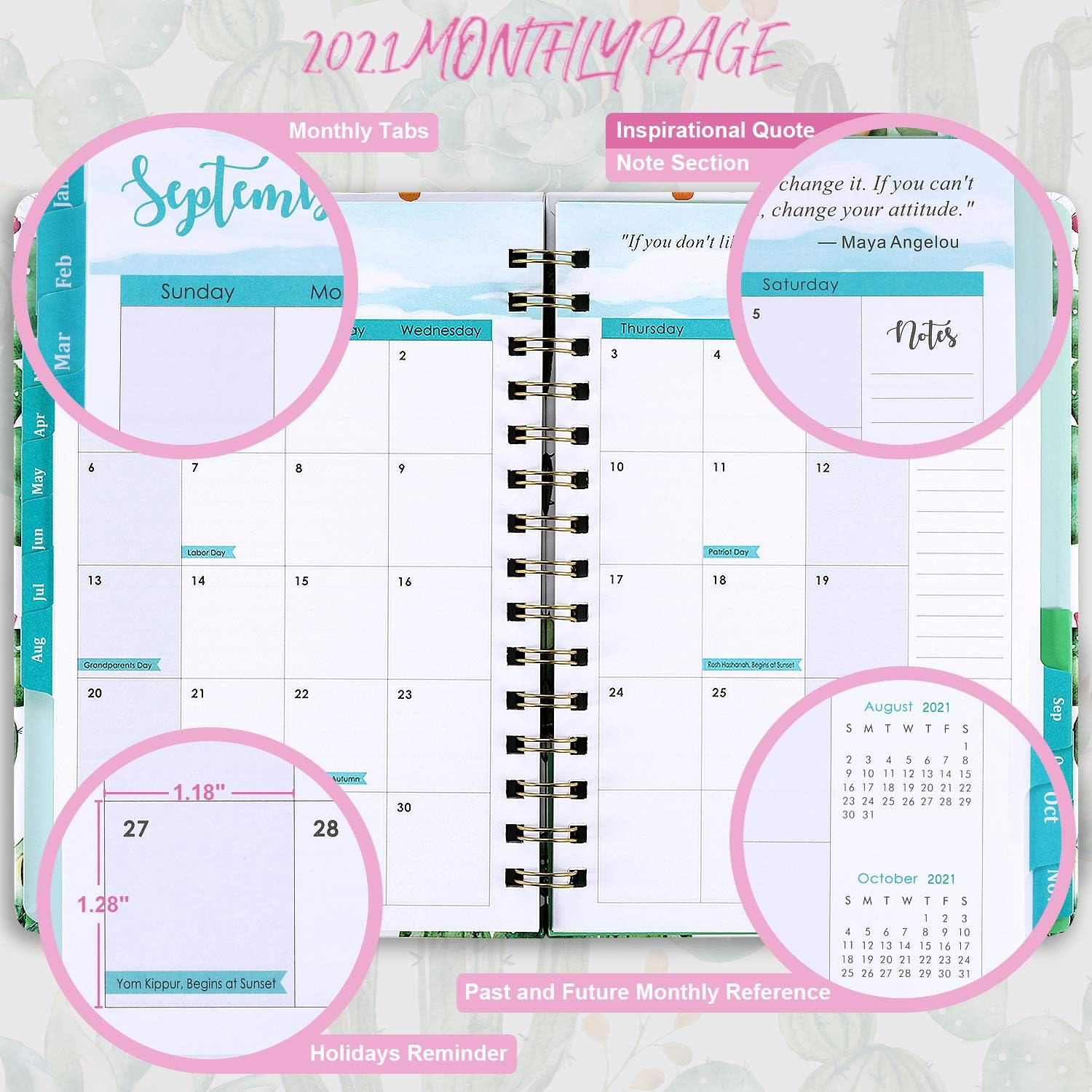 Planner 2021 - Weekly & Monthly Planner Jan - Dec, 8.5" x 6.4", Flexible Hardcover, Strong Twin - Wire Binding, Thick Paper, 12 Monthly Tabs, Inner Pocket, Elastic Closure, Inspirational Quotes : Office Products