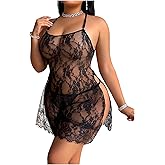 SOLY HUX Women's Plus Size Floral Lace Lingerie Babydoll Dress Sheer Split Nightgown Chemise Nightwear with Thong