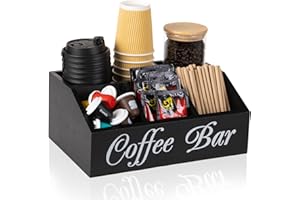 ZBBCTUS Coffee Station Organizer with Mat, Farmhouse Wood Coffee Pods Holder Storage Basket,Countertop Tea Condiment Storage 