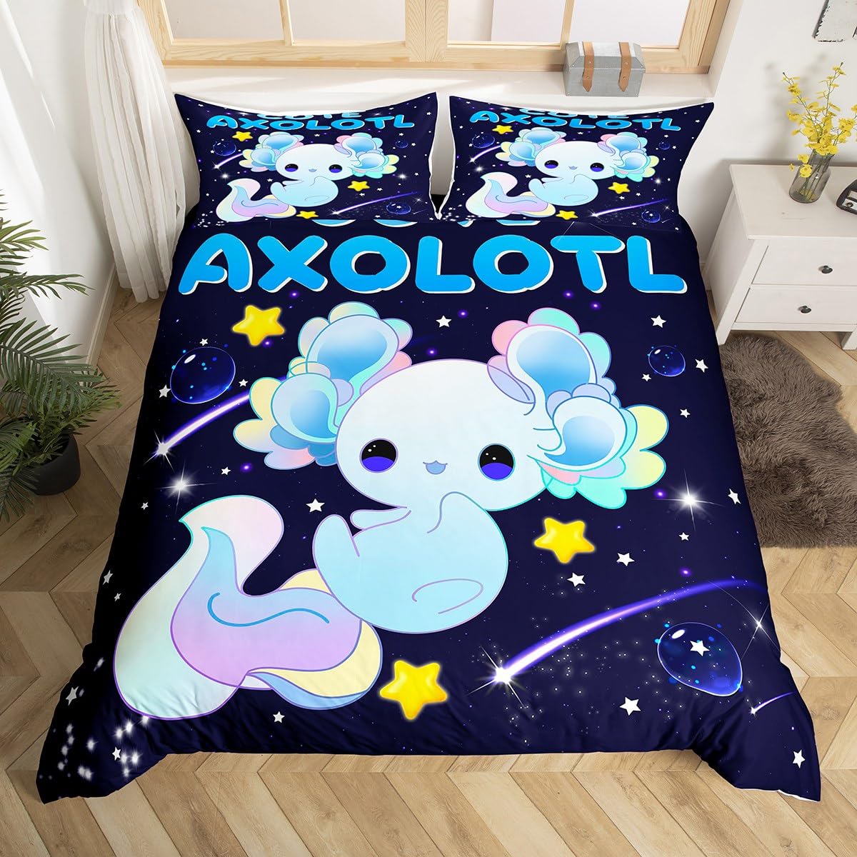 Homemissing Galaxy Axolotl Duvet Cover Cute Axolotl Comforter Cover for Kids Cartoon Salamander Bedding Set Blue Axolotl Bedspread Cover Sealife Room Decor Microfiber Bedclothes Zipper Single