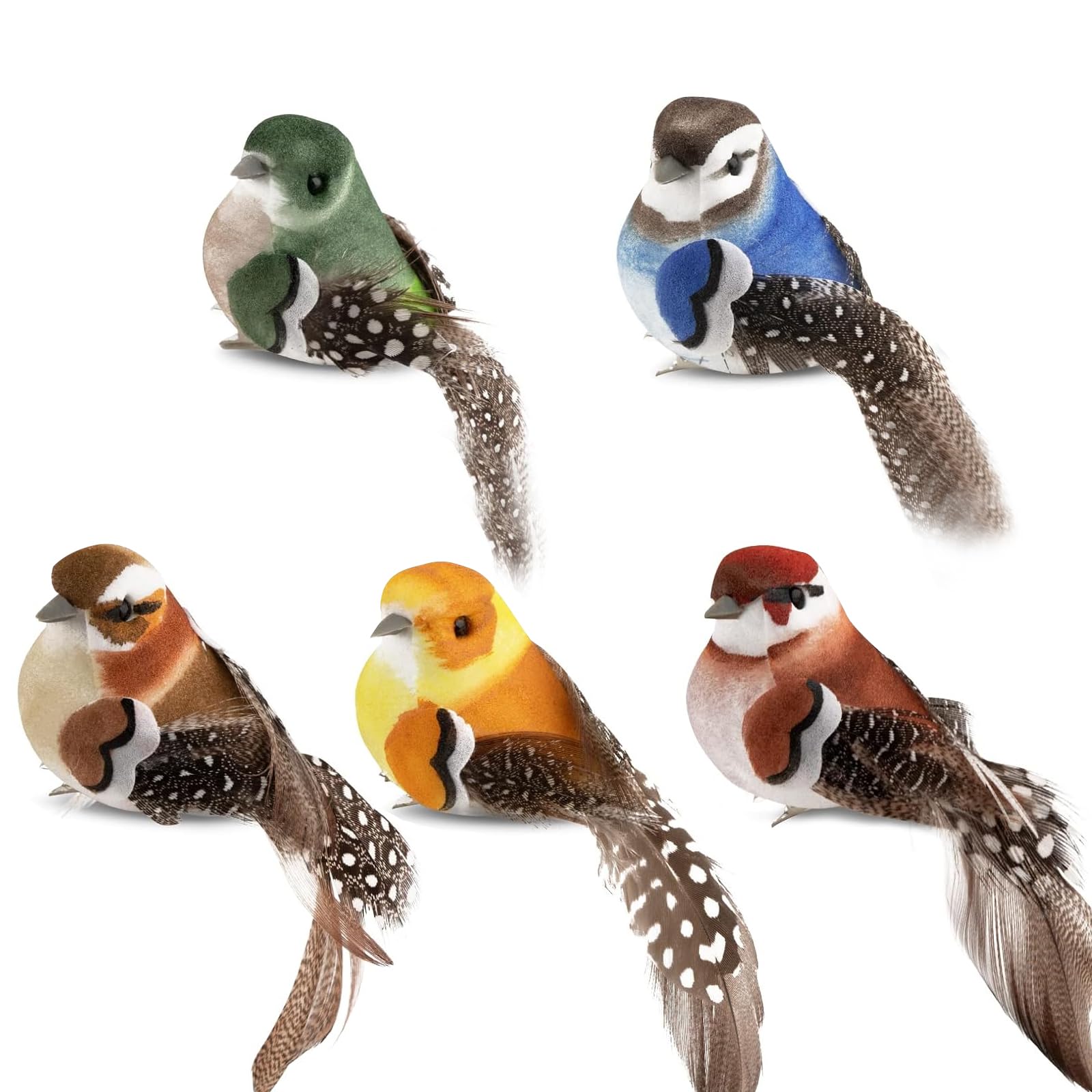 JRYGAC 5 Pieces Artificial Fake Birds, Decorative Fake Birds Foam with Clip, Realitistic Small Fake Birds with Feathers Decorative for Garden Christmas DIY Party Decoration