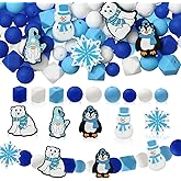 JarThenaAMCS 92Pcs Winter Silicone Beads with Elastic Rope Blue Snowflake Snowman Gnome Round Hexagon Loose Rubber Beads for Christmas DIY Crafts Jewelry Keychain Making
