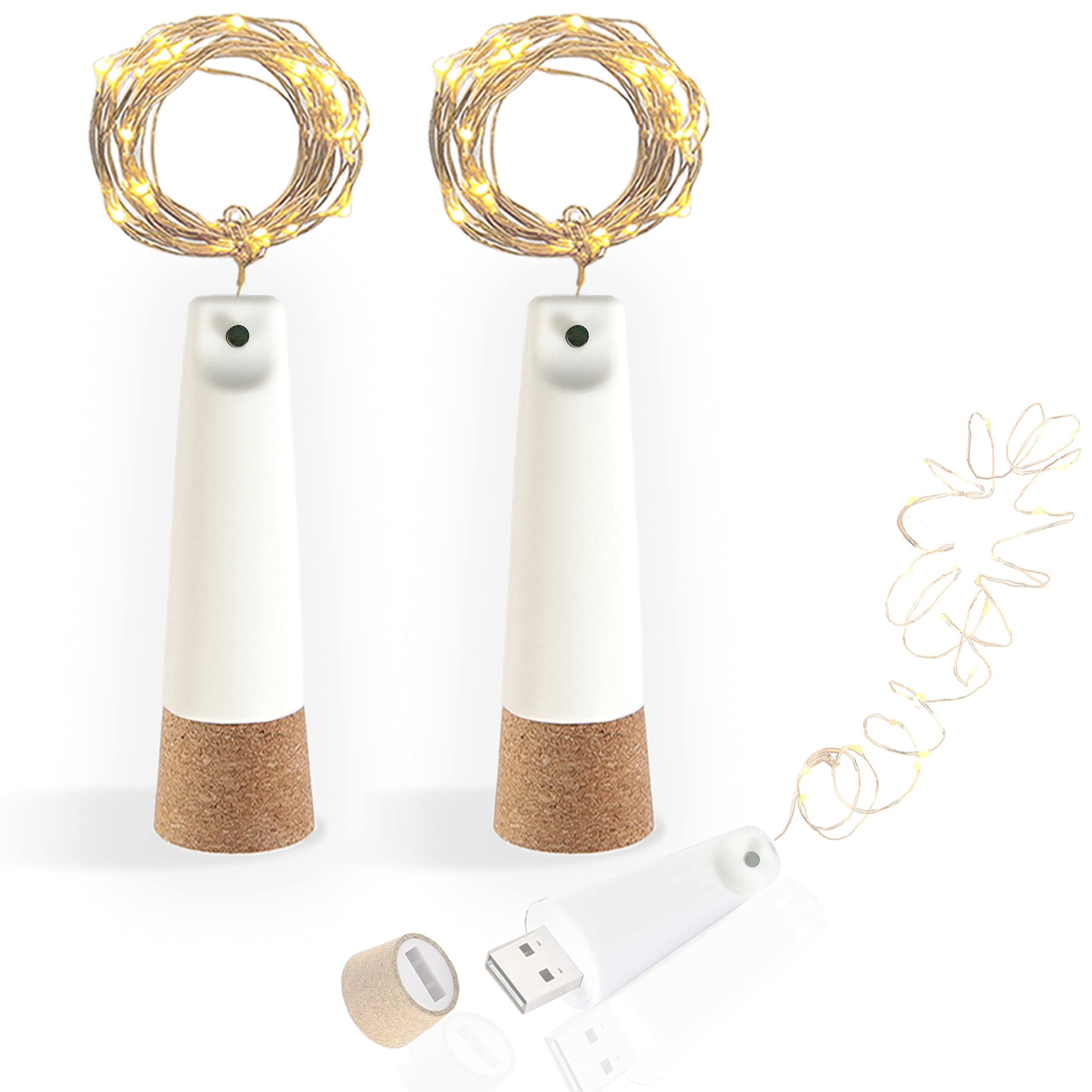 USB Rechargeable Bottle Lights, 6.6ft/2M 20 LED Cork Lights for Bottles, 8 Modes Copper Wire LED Fairy Light, Christmas DIY String Lights for Parties, Wedding, Outdoor, Jars Decor (Warm White, 2 Pcs)