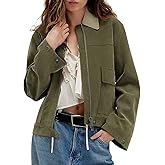 COCCKO Women's Faux Suede Cropped Jacket Casual Zip Up Jackets Contrast Collar Fleece Winter Coats Outerwear with Pockets