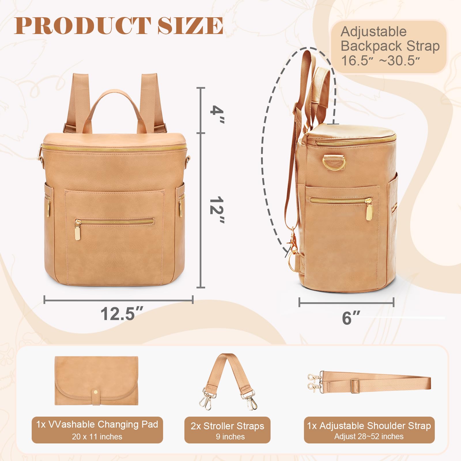 miss fong Diaper Bag Backpack Baby Diaper Bag, Large Leather Diaper Bag Backpack with 15 Pockets Diaper Bag Organizer, Changing Pad, Stroller Straps and 2 Insulated Pockets (Convertible, Peanut)