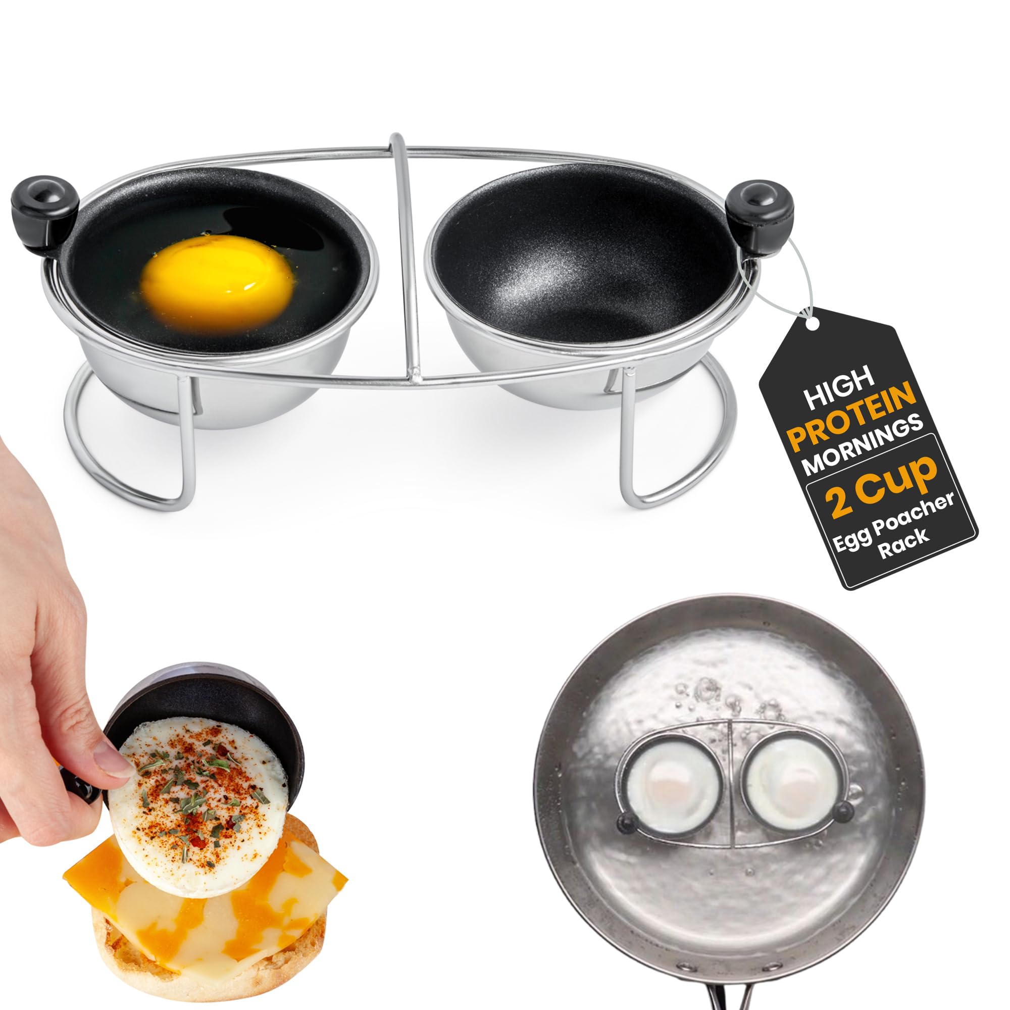egg Stainless Steel Poached Egg Cooker Poaching Cup PFOA Free Nonstick, 6.25" Rack Compatible with Skillet Instant Pot Pressure Cooker, 2 Poached Cups — image 1