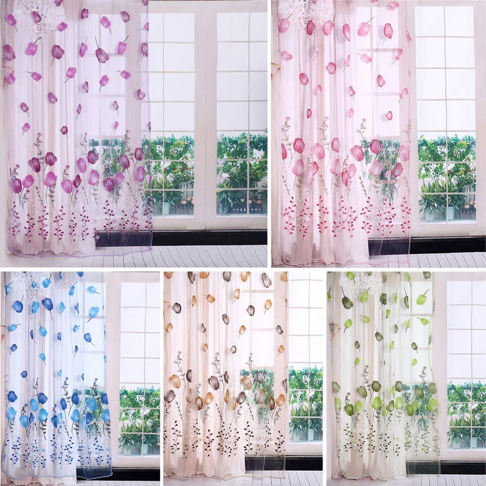 Colorful Tulips Floral Printing Tulle Voile Curtains Sheer Drape Balcony Door Room Dividers Scarf Valances Pastoral Decorative Window 100 * 200cm (Orange)