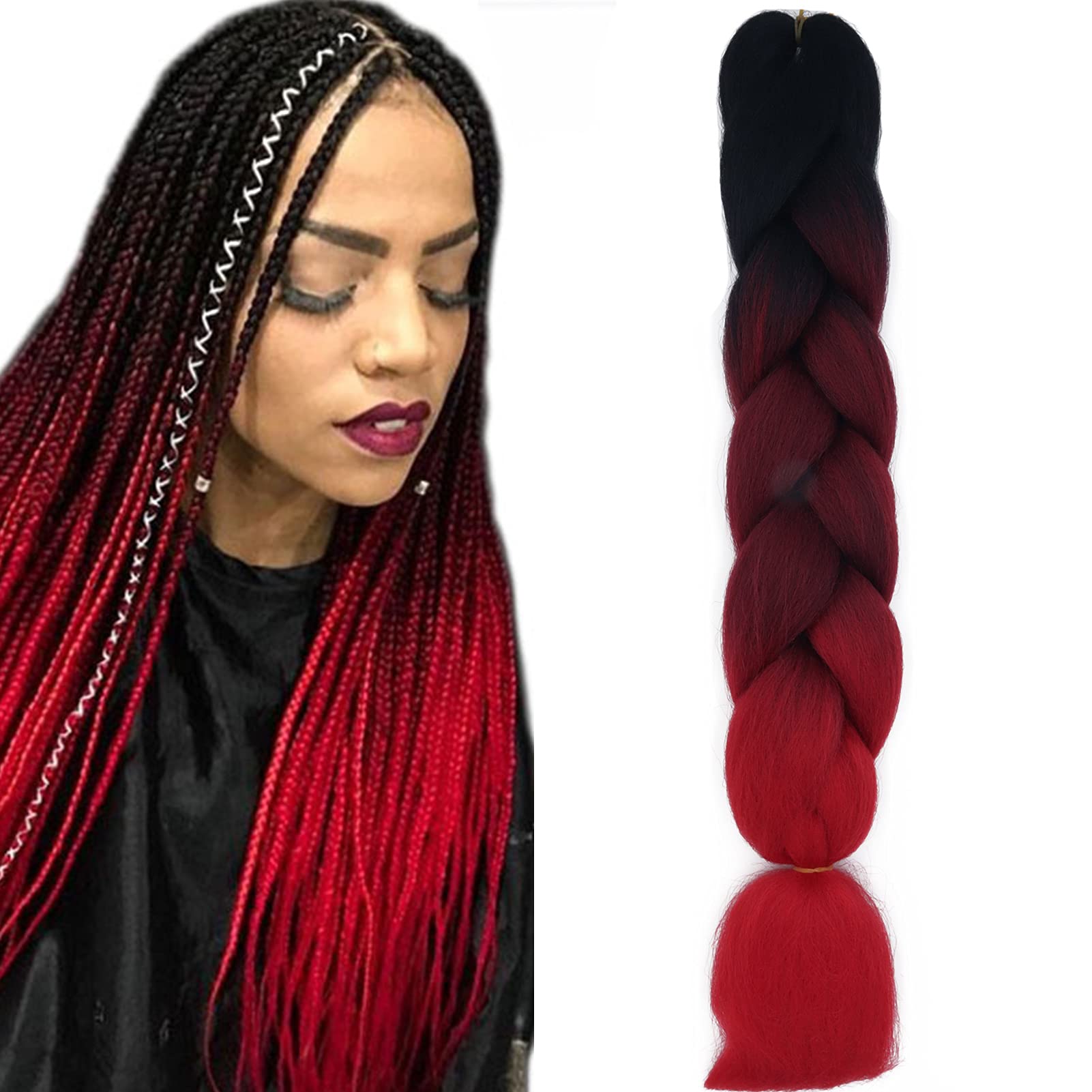 24" Braiding Hair Extension Jumbo Braids Synthetic Crochet Hair Afro Box Braid Heat Resistent (Black&Wine Red&Red)