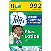 Puffs Facial Tissues Plus Lotion, 8 Family Rectangle Boxes, 124 Facial Tissues per Box, Allergies and Colds (Packaging May Vary)