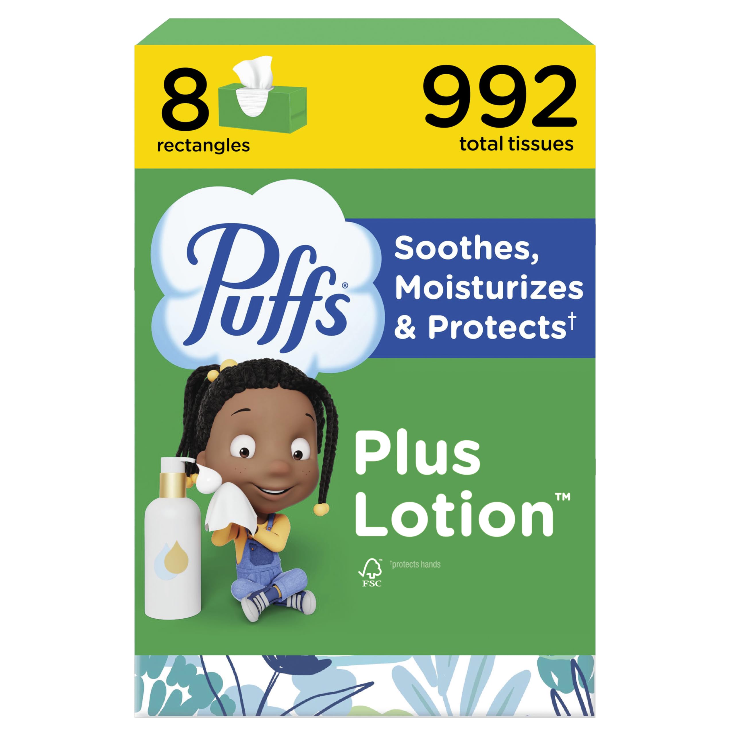 Puffs Facial Tissues Plus Lotion, 8 Family Rectangle Boxes, 124 Facial Tissues per Box, Allergies and Colds (Packaging May Vary)