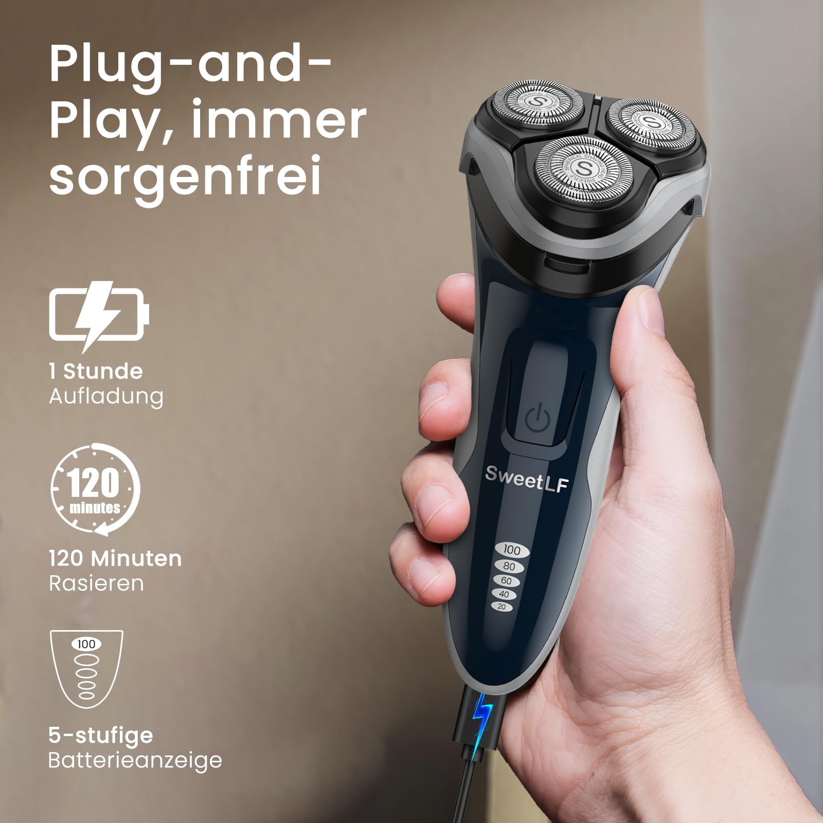 SweetLF Rasierer Herren Elektrisch, Nass- und Trockenrasierer mit IPX7-Technologie elektrischer, 4D-Drehköpfen & LED-Display Elektrorasierer Herren 6