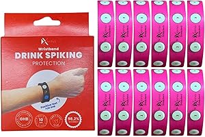 Drink Check Wristband Roofie Test by Xantus | Spiked Drink Wristband Tester Detects GHB Within 10 Seconds Test Your Drink | Spiking Protection Detector Made in USA | (12 Pink Wristbands | 48 Tests)