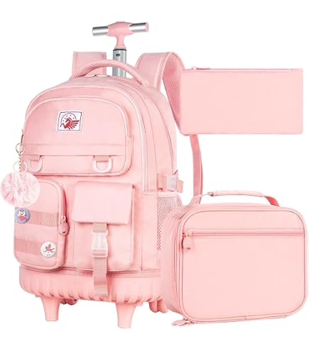 gxtvo 3PCS Rolling Backpack for Girls, Women Wheeled Bookbag with Lunch Box for Adults, Kids Water Resistant Roller School Bag for Teens Travel - Pink
