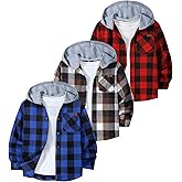 3-Pack Boys Long Sleeve Button-up Shirt with Hood Unisex Kids Flannel Fall Shirts Cotton Plaid Hoodie for 6-15 Years