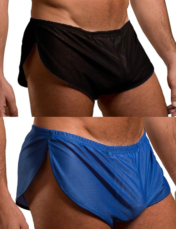 Mens Extreme Mesh Shorts with Large Split Sides Color Black+Blue Size M Fashion