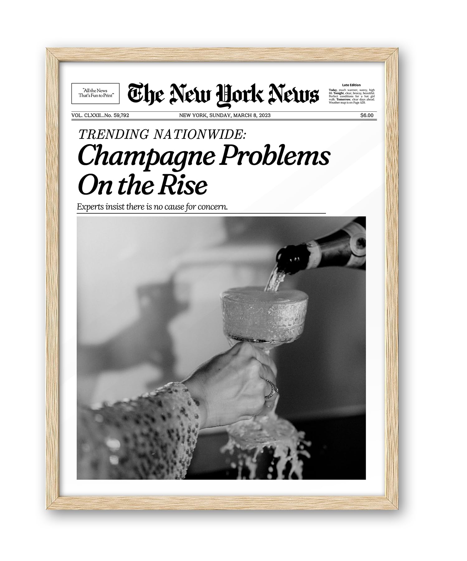 Photo 1 of iHery Champagne Problems On the Rise Newspaper Headline Framed Wall Art, Natural OAK Wood Trendy 12x16 in Canvas Wall Art Décor For Bedroom Living Room Bathroom Set of 1