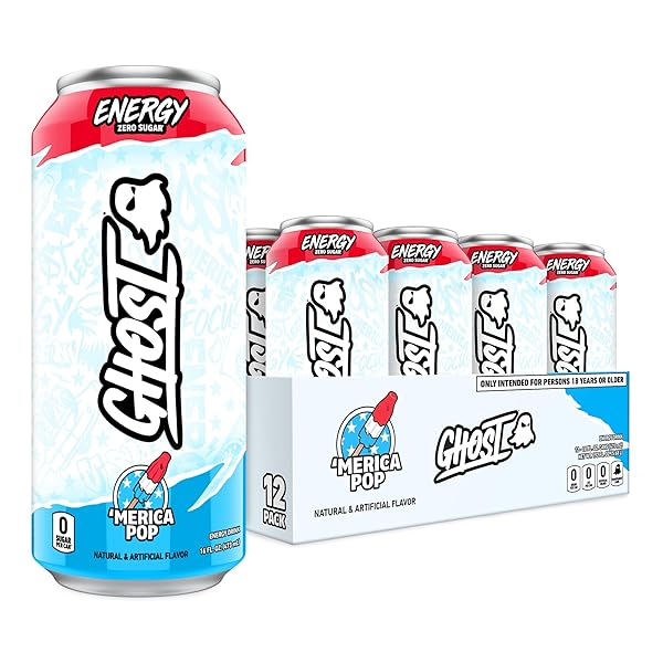 GHOST ENERGY DRINK – 12-PACK, ‘MERICA POP, 16OZ CANS – ENERGY & FOCUS & NO ARTIFICIAL COLORS – 200MG OF NATURAL CAFFEINE, L-CARNITINE & TAURINE – GLUTEN-FREE & VEGAN