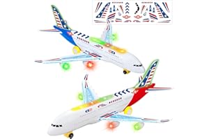 Ynybusi Airplane Toys for Kids Toddlers with DIY Stickers,Bump and Go Action Airplane Toy with LED Flashing Lights and Sounds,Large Airplane Model for Boys Girls Kids 3-12 Years Old (Red+Blue)