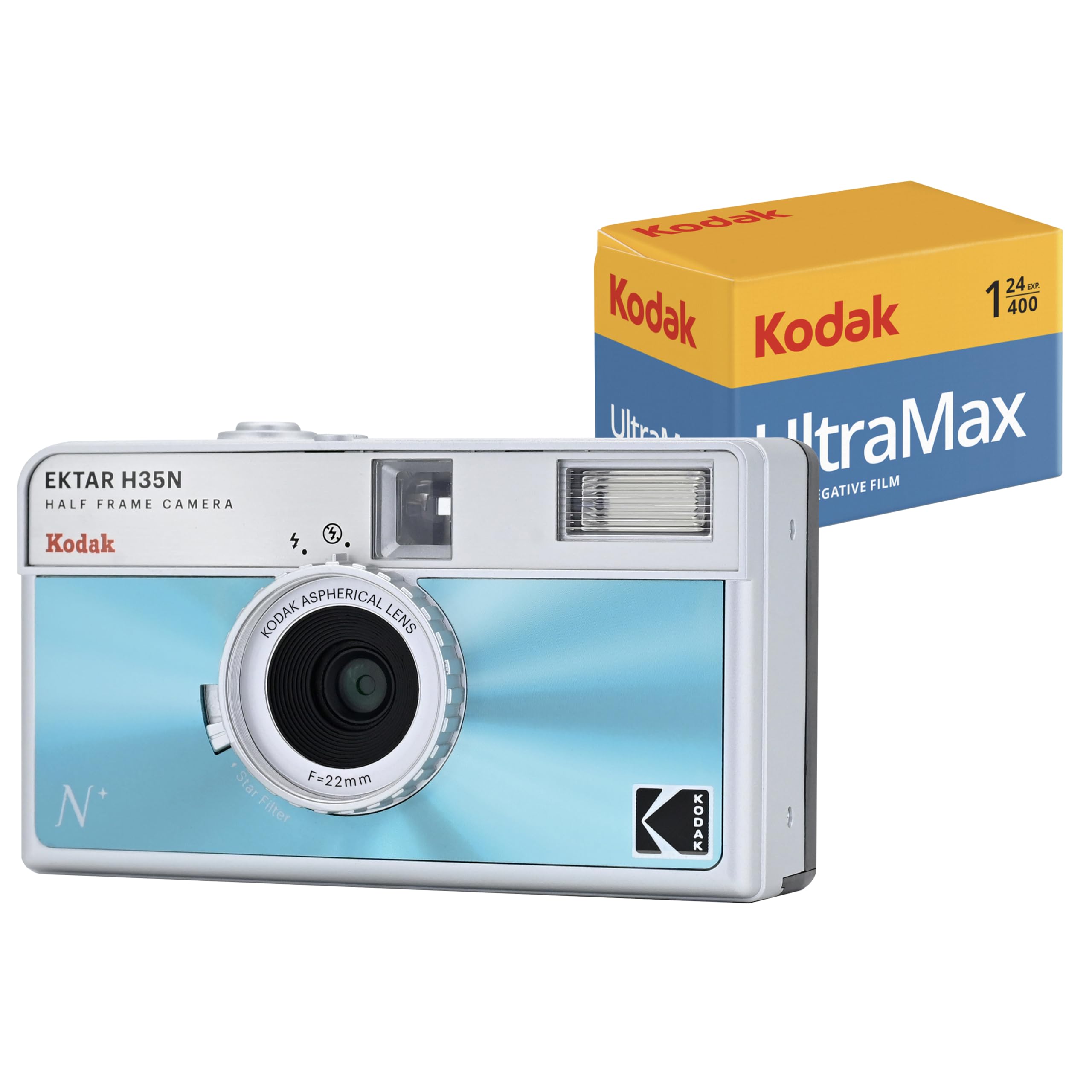KODAK EKTAR H35N Half Frame Film Camera Bundle with Kodak Ultramax 400/24EXP 35mm Roll Film (Glazed Blue, Bundle)