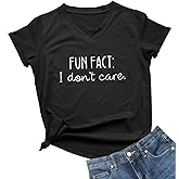 YEVEEY Womens V-Neck Fun Fact l Don't Care Letter Print T-Shirt Cute Funny Sayings Graphic Tees