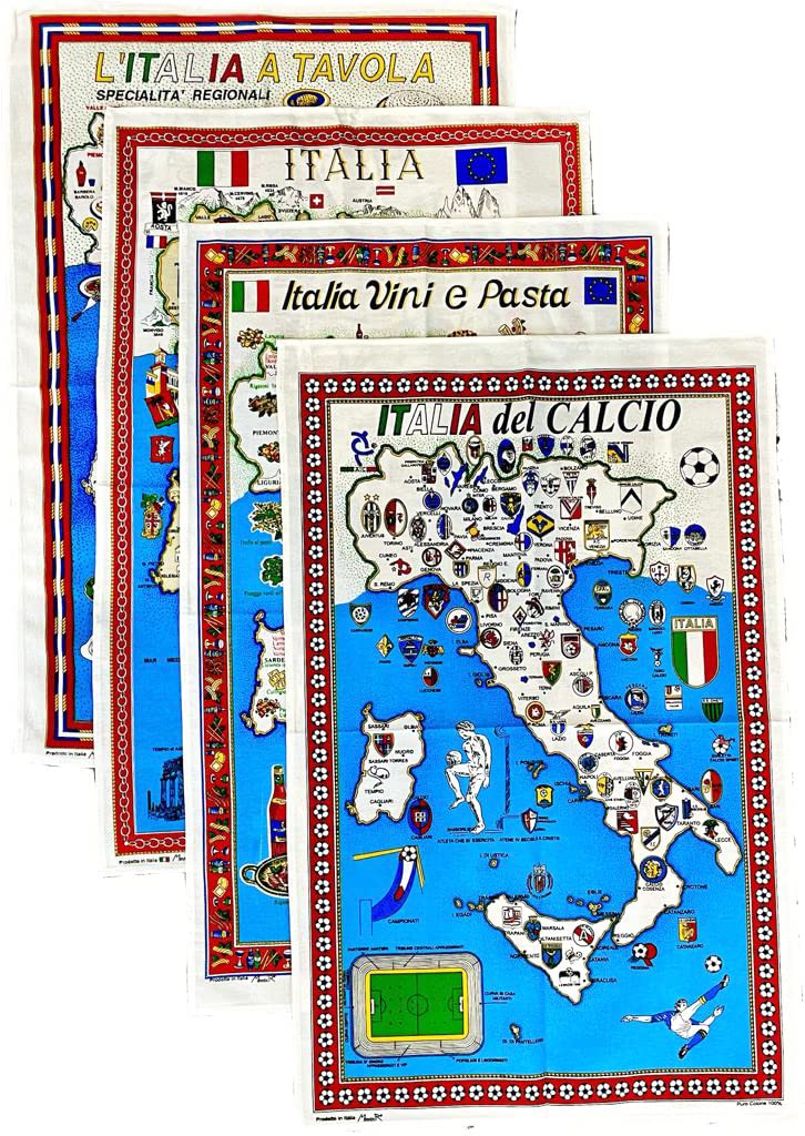 BLU RITMO Kitchen Towel Set, Cotton Kitchen Towels Made in Italy, Multi-purpose Coloured Cloths, Large Cloths, 55 x 85 cm (Culture - 4 Pieces)