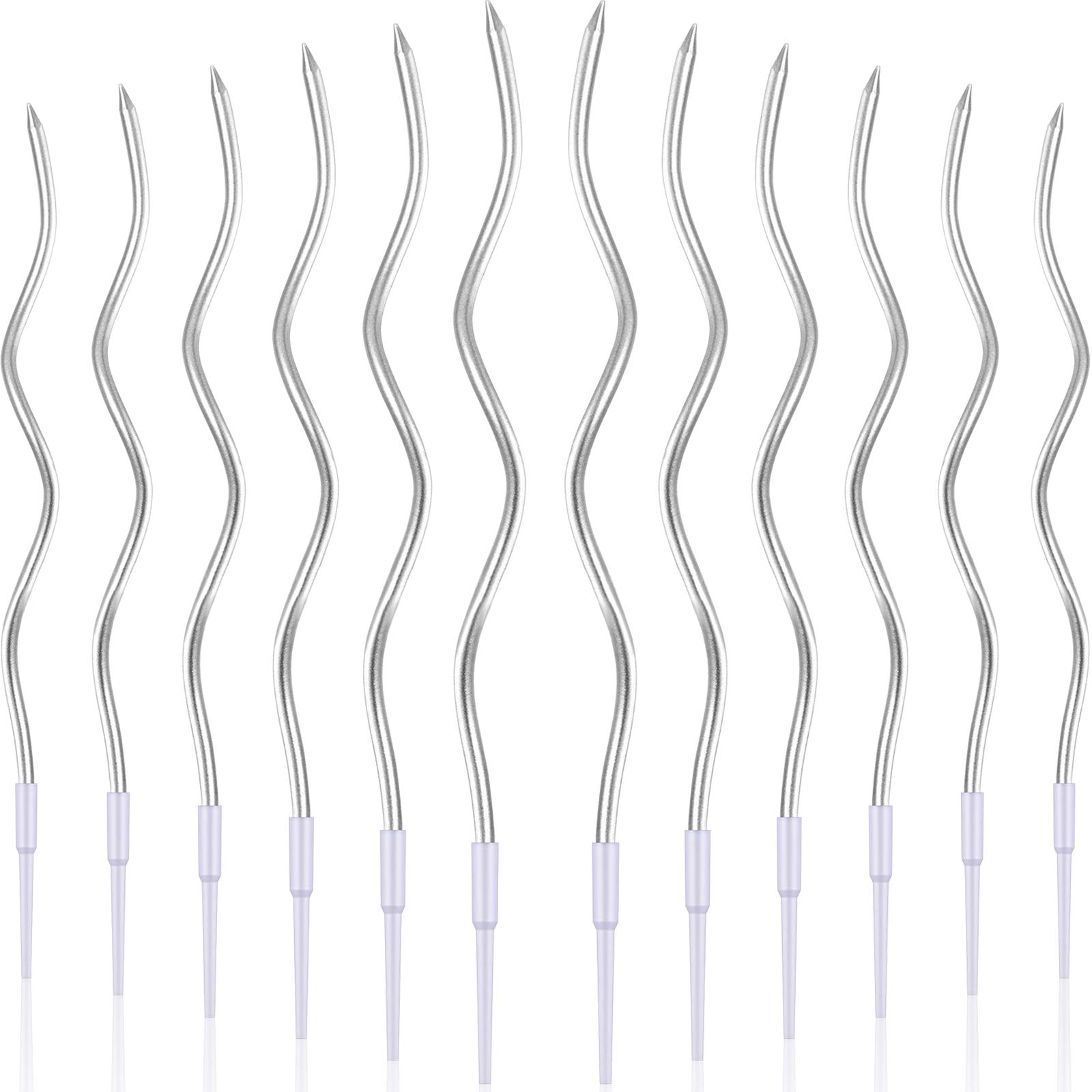 Photo 1 of BBTO 12 Pcs Twisted Birthday Candles Spiral Metallic Cupcake Thin Long Cake Candles with Holders for Birthday Wedding Party(Silver)