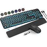 Wireless Keyboard and Mouse Backlit - Typewriter Keyboard with Magnetic Wrist Rest, Retro Round Keycaps, Light Up Letters, 2.4GHz Cordless Combo for Mac, Windows, PC, Laptop, Trueque [Upgraded]