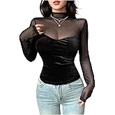 RoseSeek Women's Sheer Mesh Velvet Long Sleeve T Shirts Mock Neck Fitted Tee Tops Elegant Fall Going Out Outfit