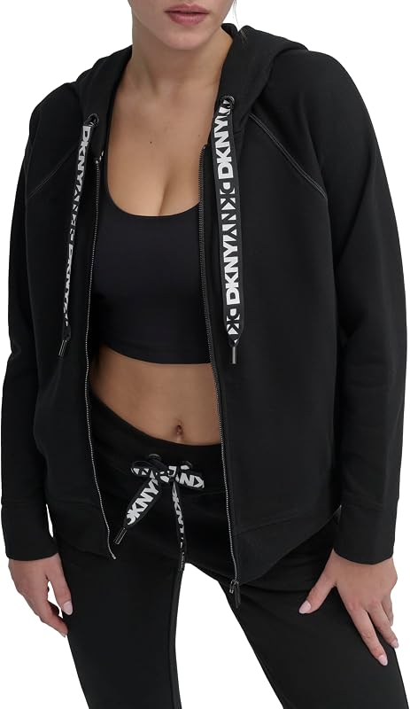 Sweat à Capuche zippé en Polaire avec Cordon de Serrage pour Femme, Noir, Medium