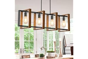 BRIGHTEVER 4 Lights Dining Room Light Fixture, Farmhouse Kitchen Island Lighting Wood and Black Metal Rectangular Hanging Chandelier for Ceiling Living Room, Modern Rustic Pendant Lighting Fixture Over Table