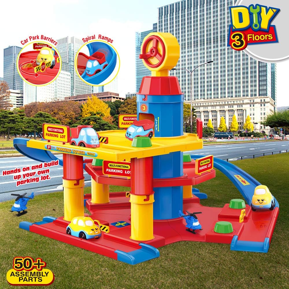 unanscre 3-Level Car Parking Garage Toy, Parking Lot Garage Building Playset, Race Tracks Car Ramp Toy with Elevator, 2 Helicopters and 4 Toy Vehicles, for Boys, Kids, Toddlers Age 3+: Toys & Games