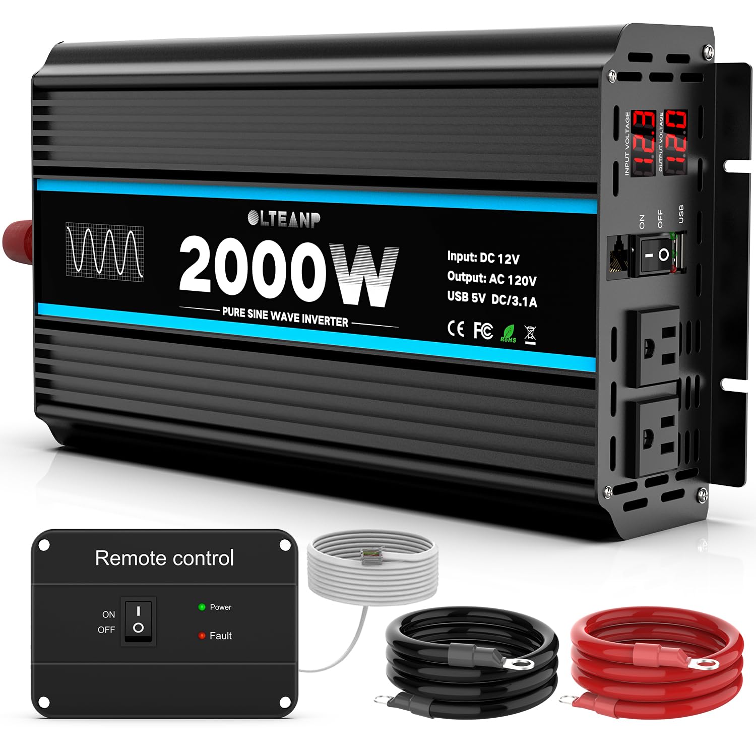 OLTEANP 2000W Pure Sine Wave Power Inverter 12V DC