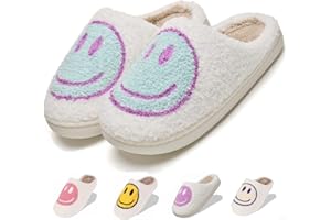 LINWIND Fuzzy Slippers for Women Men, Cute Retro Fluffy Happy Face House Slippers, Plush Memory Foam Slippers for Women Indoor and Outdoor Cozy Trendy Slip-On Shoes