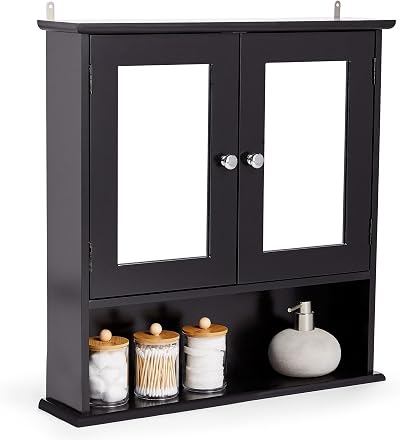 VonHaus Bathroom Mirror Cabinet Black 2 Door 3 Shelves Open Shelf H58 W56 D13