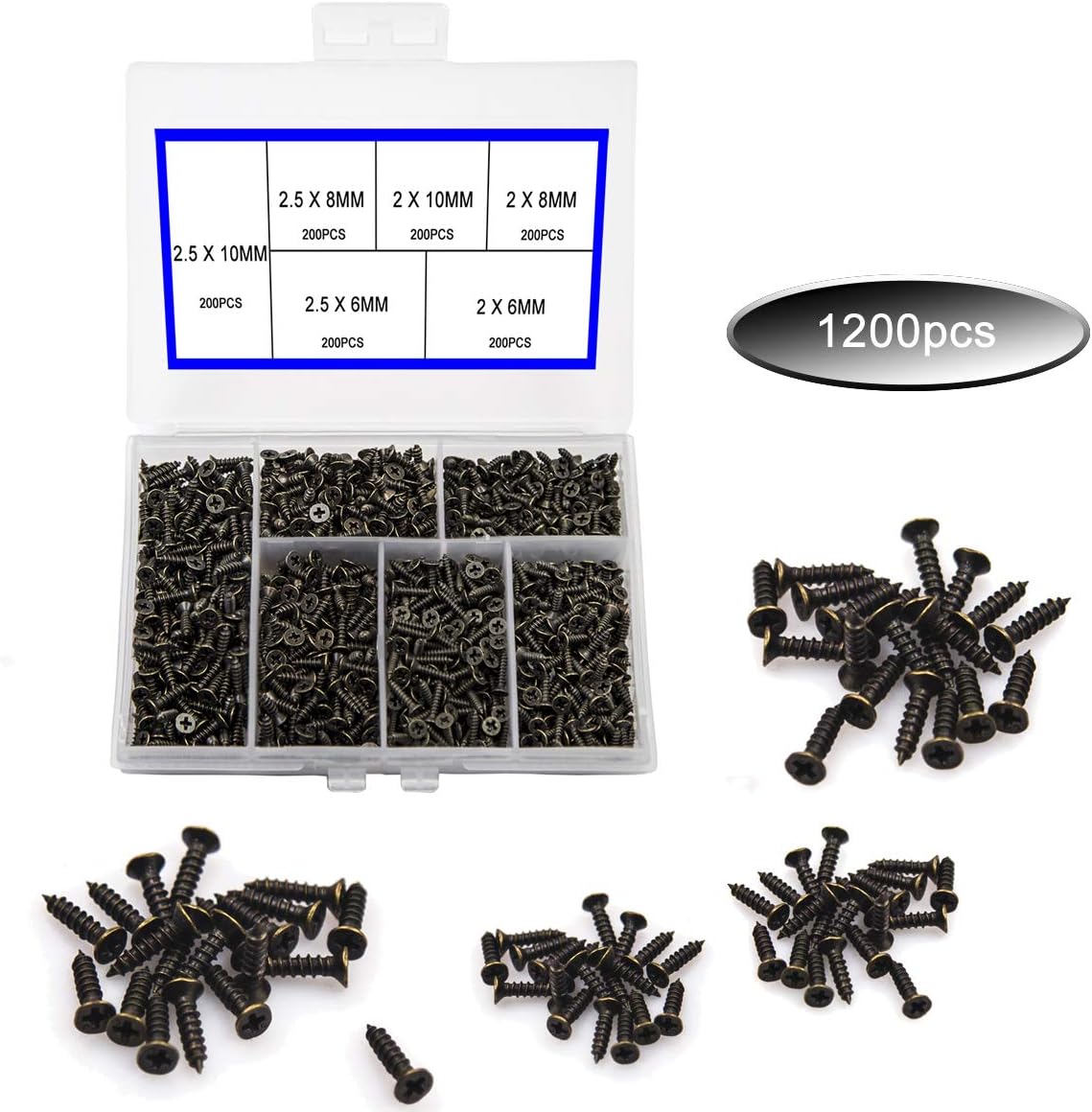 1200PCS M2 M2.5 Small Screws Flat Head Cross Wood Screws Self Tapping Screw Dssortment Cabinet Multifunctional DIY Micro Fasteners Screw Set Bronze - Image 5