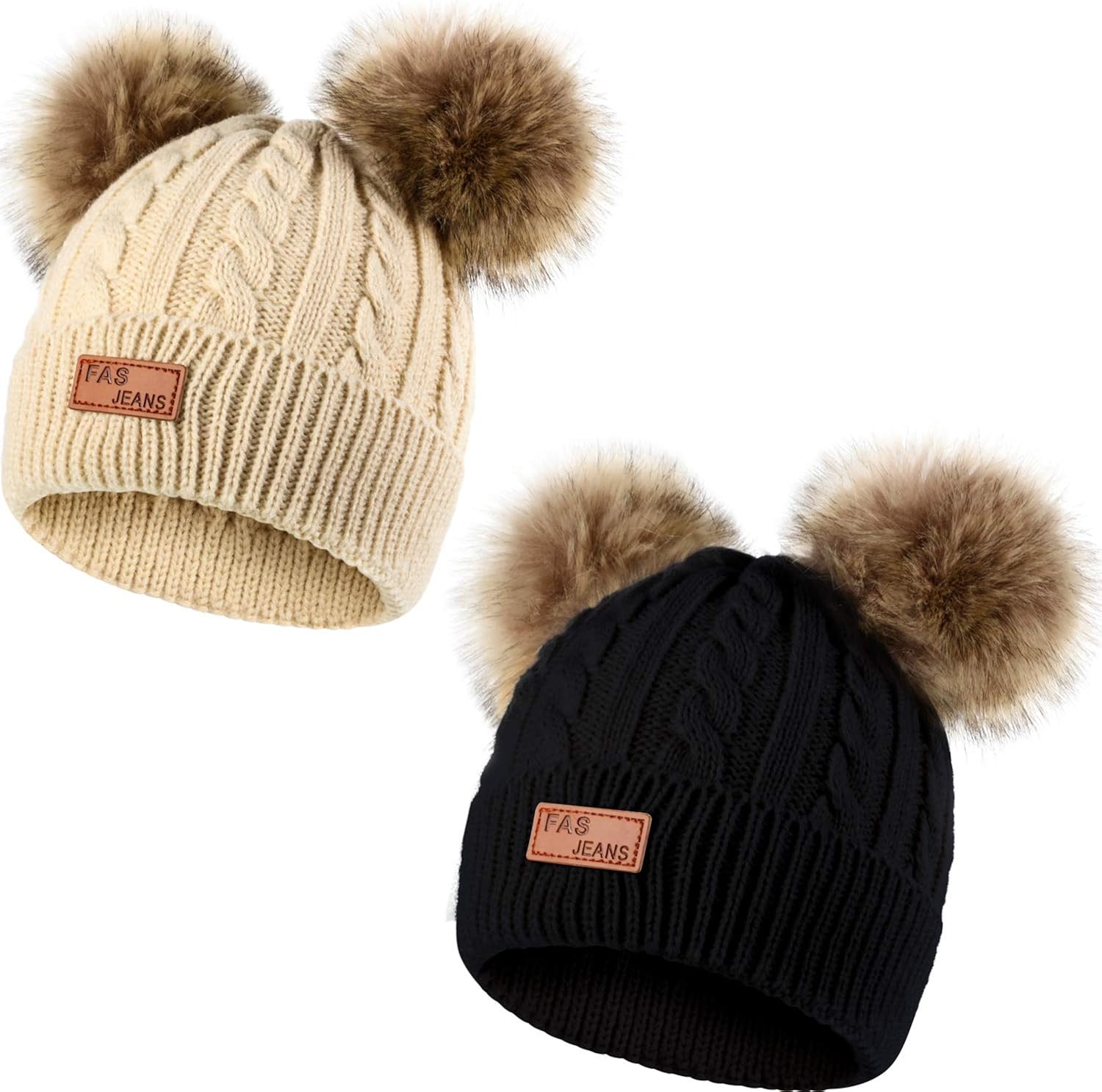 2 pom pom beanie hat