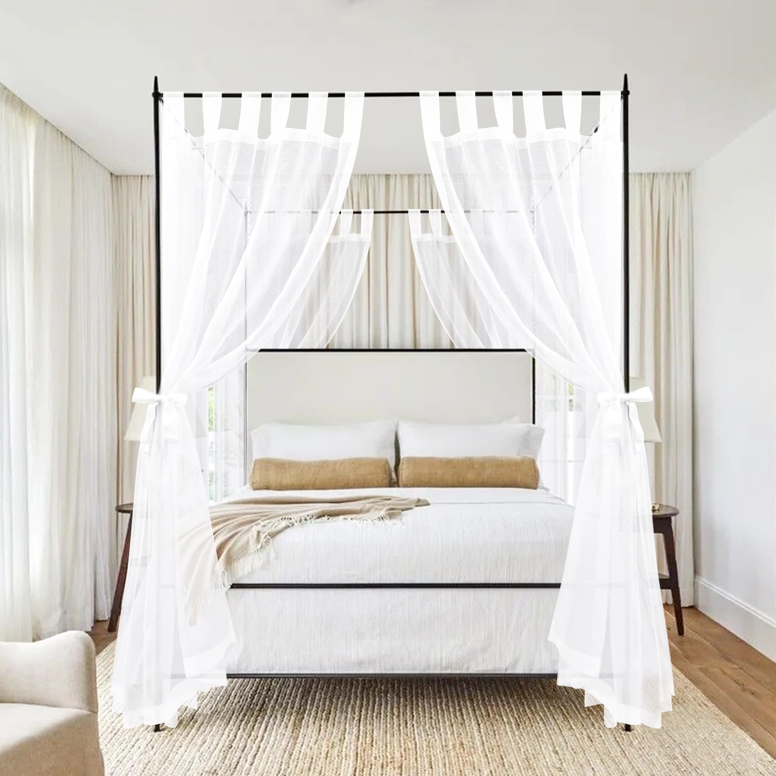 Photo 1 of 8 Panels Canopy Curtains White Canopy Bed Curtains for King Full/Queen and Twin Bed Frame,Eight Poster Bed Canopy Curtains Drapes,Sheer Canopy Bed Drapes with Top and Self-Adhesive Velcro (42"x74")
