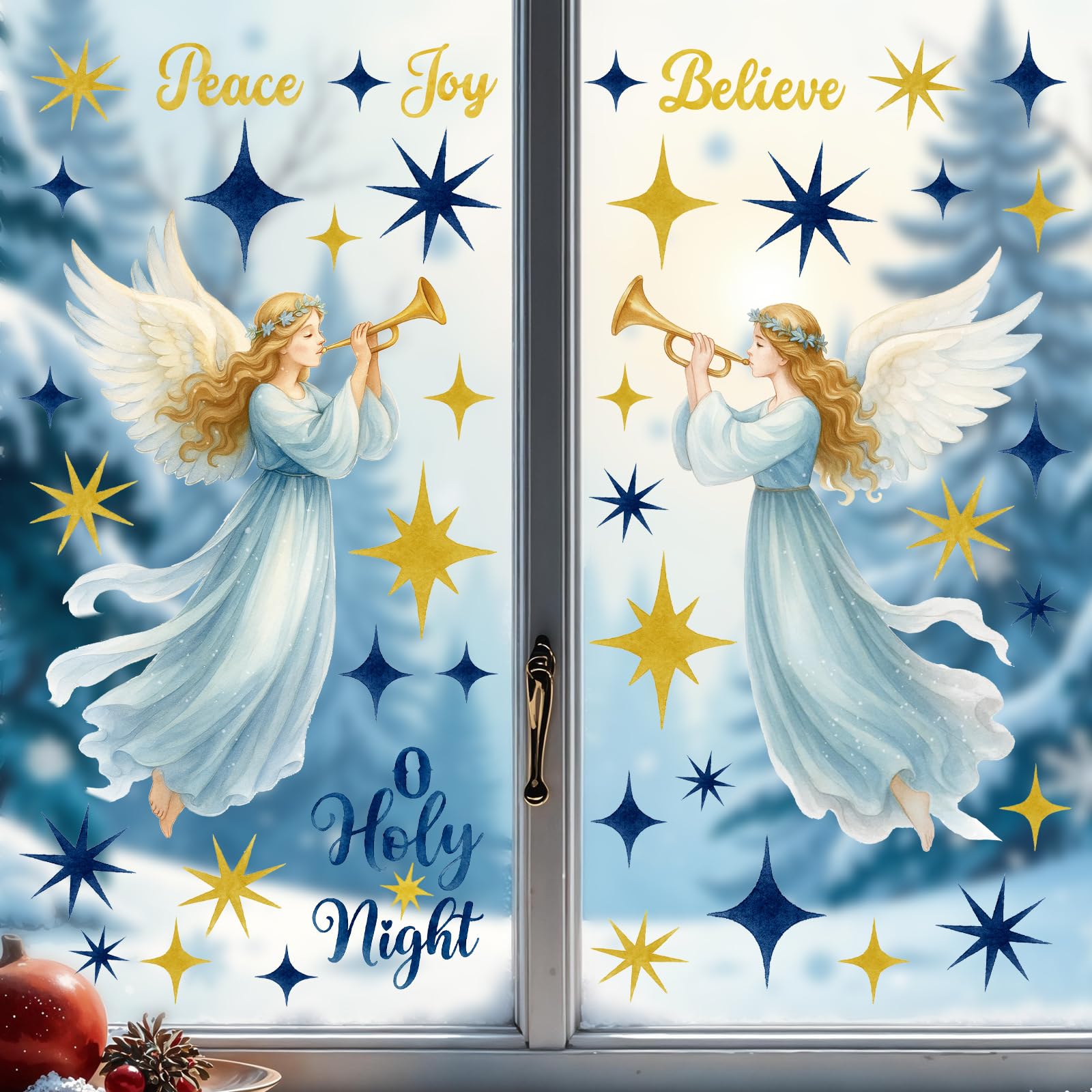 Photo 1 of AmazingSpark 19.7 Inch Christmas Window Clings Decorations 2 Sheets Extra Large Angel Window Clings with Snowflakes Vintage Rustic Xmas Stickers for Home Office School Winter Holiday Decor(Retro)