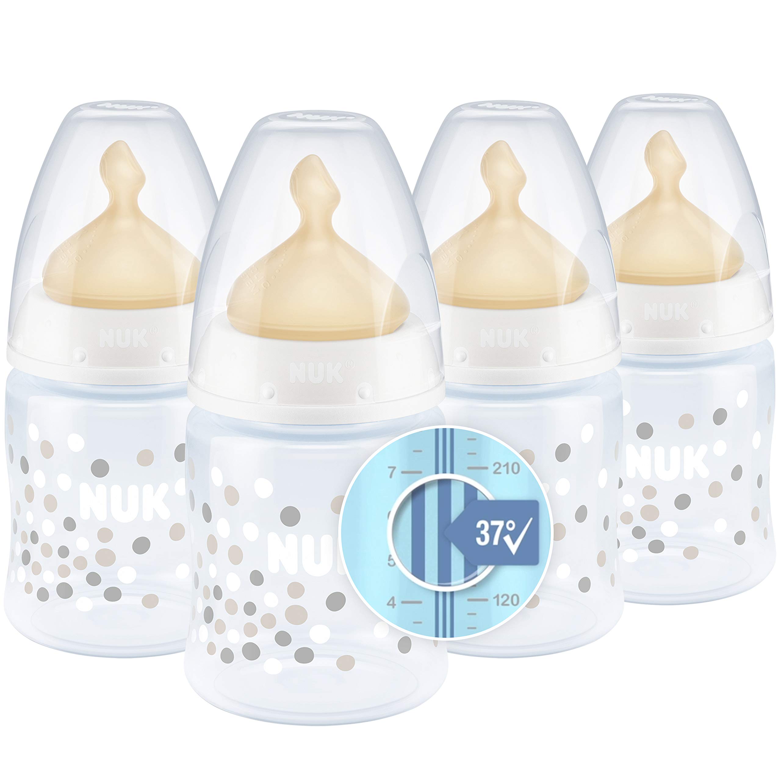 NUK First Choice+ Baby Bottles Set, 0-6 Months, Temperature Control, Latex Teat, Anti Colic Vent, BPA-Free, 150 ml, 4 Count