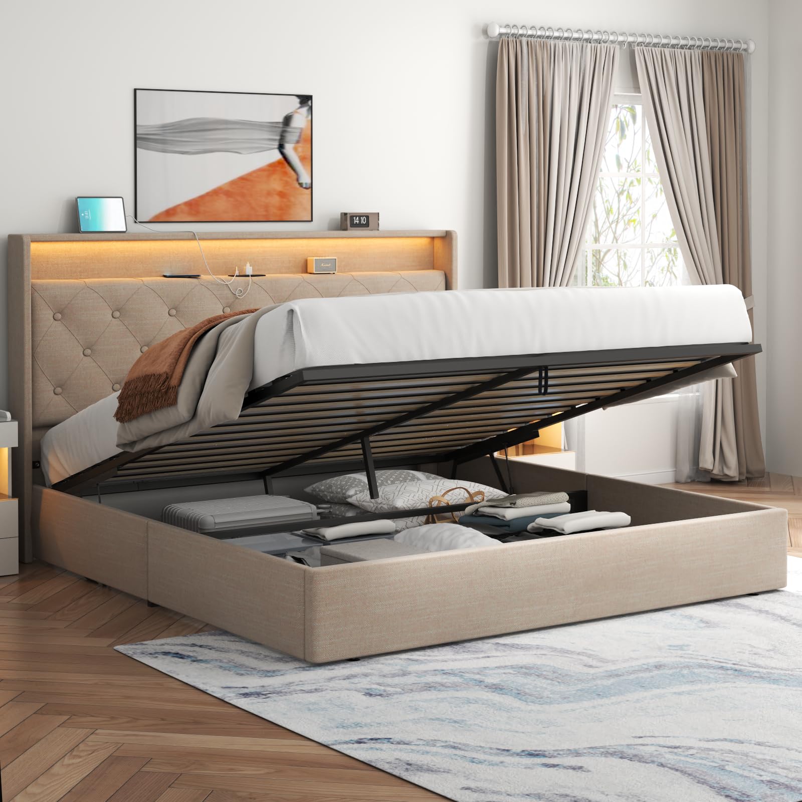 Loomie Queen Lift Up Bed Frame with Charging Station & LED Lights ...