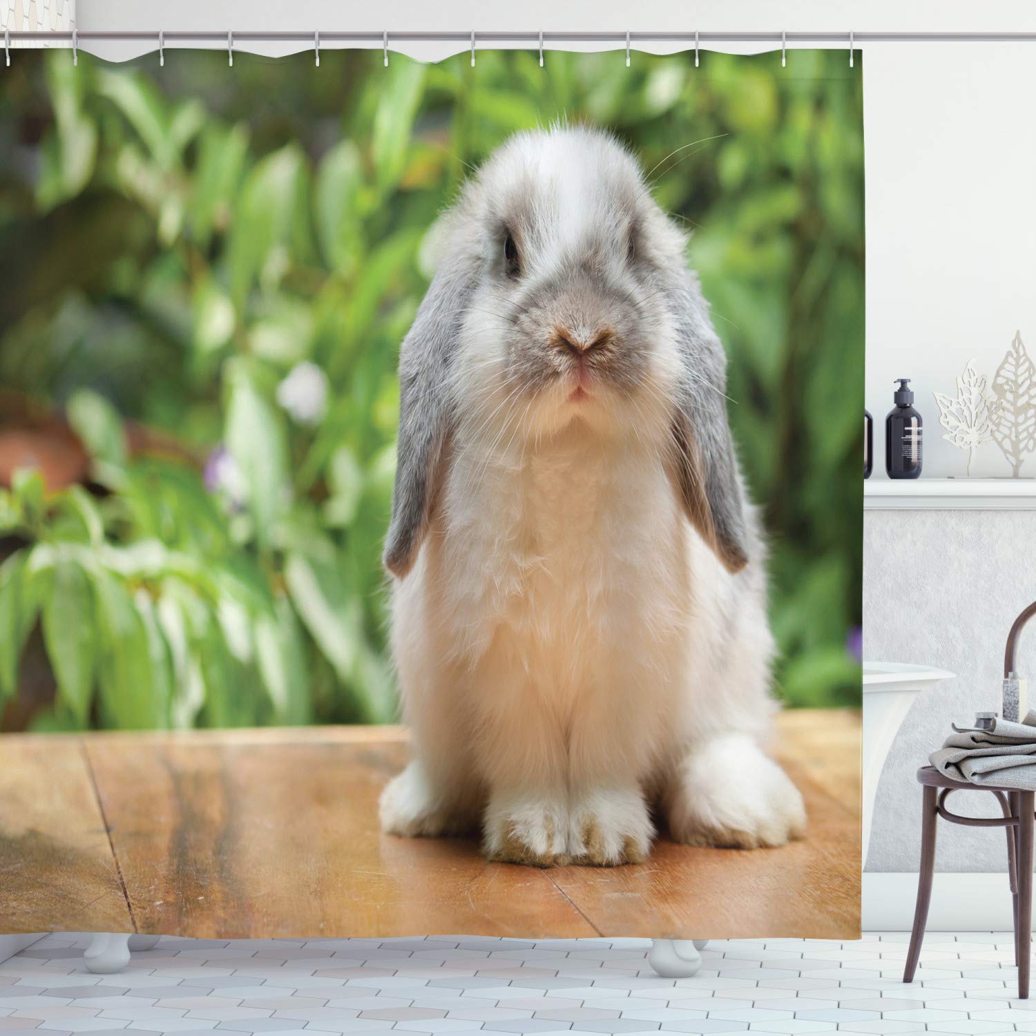 ABAKUHAUS Bunny Shower Curtain, Photo of a Holland Lop Rabbit Standing on a Wooden Board Green Plants at Background, Cloth Fabric Bathroom Decor Set with Hooks, 175 x 240 cm, Green Cocoa