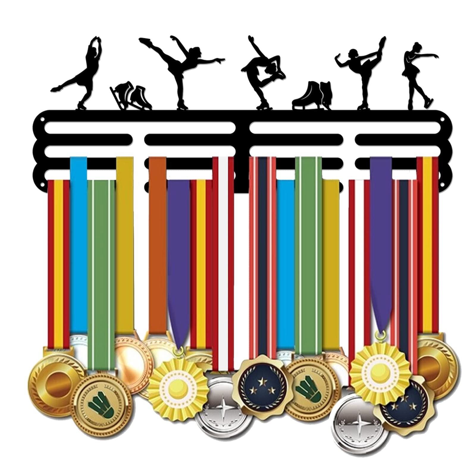 SUPERDANT Figure Skating Medal Display Holders Black Sturdy Steel Medal Hangers Over 60 Medals Wall Mounted Medal Display Racks with 8 Lines Skates Medal Hanger for Ribbon Award Lanyard 40x15 cm